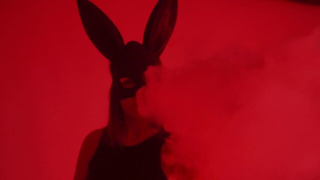 Sexy woman in hare mask posing and gesturing at camera