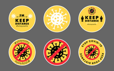 Covid-19 icons. Set of yellow social distance stickers. Round keep your distance labels. Social distancing instruction badges during coronavirus pandemic lockdown