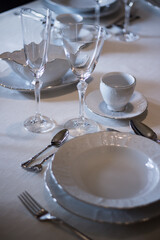 Set of porcelain tableware,  prepared on a table in a modern restaurant.