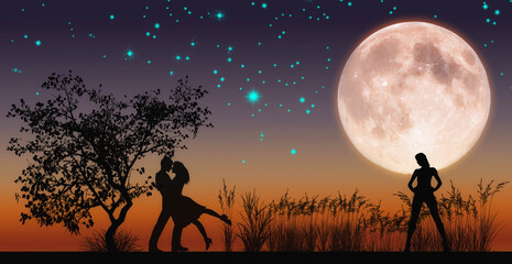 Obraz na płótnie Canvas People in love triangle under full Moon