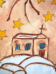 picture of pottery, church with blue windows on snowy hills, yellow stars in the sky, christmas background,