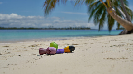   Different types of plastic garbage found on paradise uninhabited islands of archipelago San Blas, Panama                                