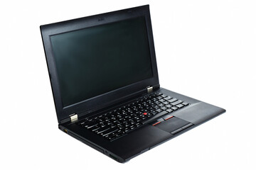 black laptop with place on the screen for text or pictures. isolated on white background. high technology office work concept.