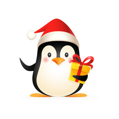 Cute penguin with Santas hat and gift - vector illustration isolated on white background