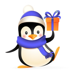 Cute penguin with winter clothes and gift - vector illustration isolated on white background
