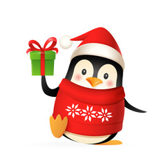 Cute penguin with Santas hat, sweater and gift celebrate Christmas holidays - vector illustration isolated on white background