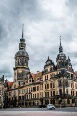 Fototapeta na wymiar Dresden, Saxony / Germany - May 02 2017: Ancient historical quarter of Dresden, Saxony Germany. Palace of the residence of the German kings. Facade of an ancient German castle