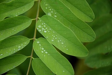 Green leaves water drops for background Zielone liście rosa tło  - obrazy, fototapety, plakaty