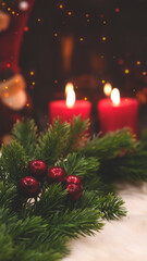 New Year's festive background with Christmas balls, Christmas garland, fireplace and red candles.