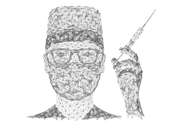 A doctor in a medical mask and glasses with a syringe in his hand. Low-poly design of interlocking lines and dots.