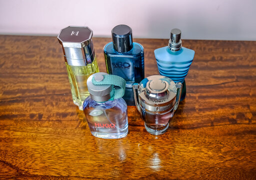 Norwich, Norfolk, UK &ndash; November 07 2020. Illustrative editorial photo of various bottles of men's aftershave, including Cool Water, Herrera, Invictus, Boss and Le Male