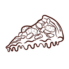 illustration in ink hand drawn style. A slice of pizza with salami and mushrooms.Isolated on white background, there is a place for printing. 