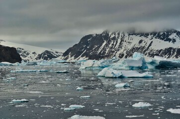 Rocky Mountain Beside Bay with Icebergs on Cloudy Day in Antarctica