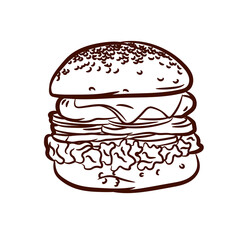 Delicious and juicy burger.   Isolated on white background, there is a place for printing. illustration in ink hand drawn style
