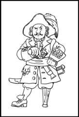 Pirate captain with the wooden leg for coloring. Vector template for children.