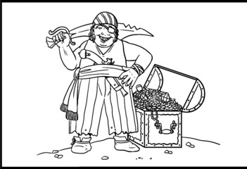 Pirate with the treasure chest for coloring. Vector template for children.
