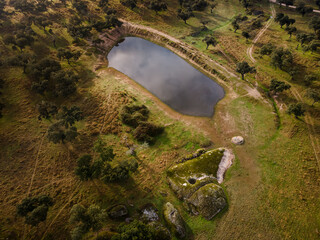 Landscape with lagoon in Dehesa de la Luz. Extremadura. Spain.