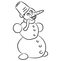 Vector illustration of a black isolated snowman, doodle on a white background. Simple flat style.