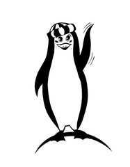 Monochrome cute penguin waving a wing. Vector illustration