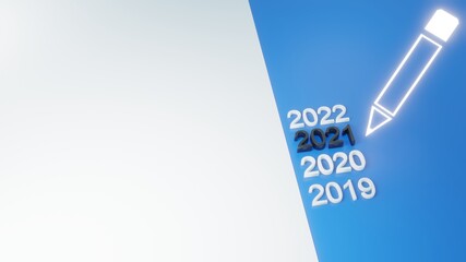 Abstract pencil neon frame with 2021 number and white paper. 2021 planning concept. 3d rendering. 3d illustration