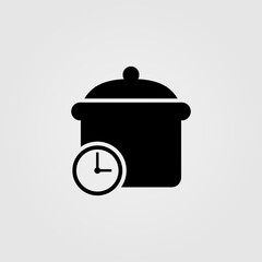 Cooking time icon. Cooker with timer clock symbol. Meal time, meal preparation sign. Vector illustration.