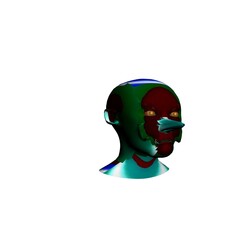 multicolored goblin head on a white background.