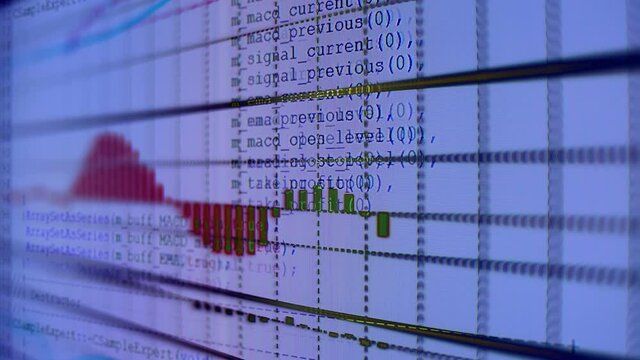 Online exchange trading. Forex currency trading. Graph with data flow as programming codes with indicators are change at an accelerated rate, they help the trader to make the right trades