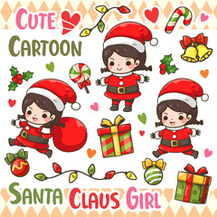 Cute Santa claus girl and cute elements Christmas. Collection of cute Christmas elements. Clipart on white background. Cute character cartoon. Vector illustration.