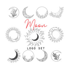 Hand Drawn Abstract Moon Logo Elements. Floral Round Frames and Floral Moos Shapes