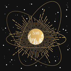 Hand Drawn Gold Abstract Sun Logo. 