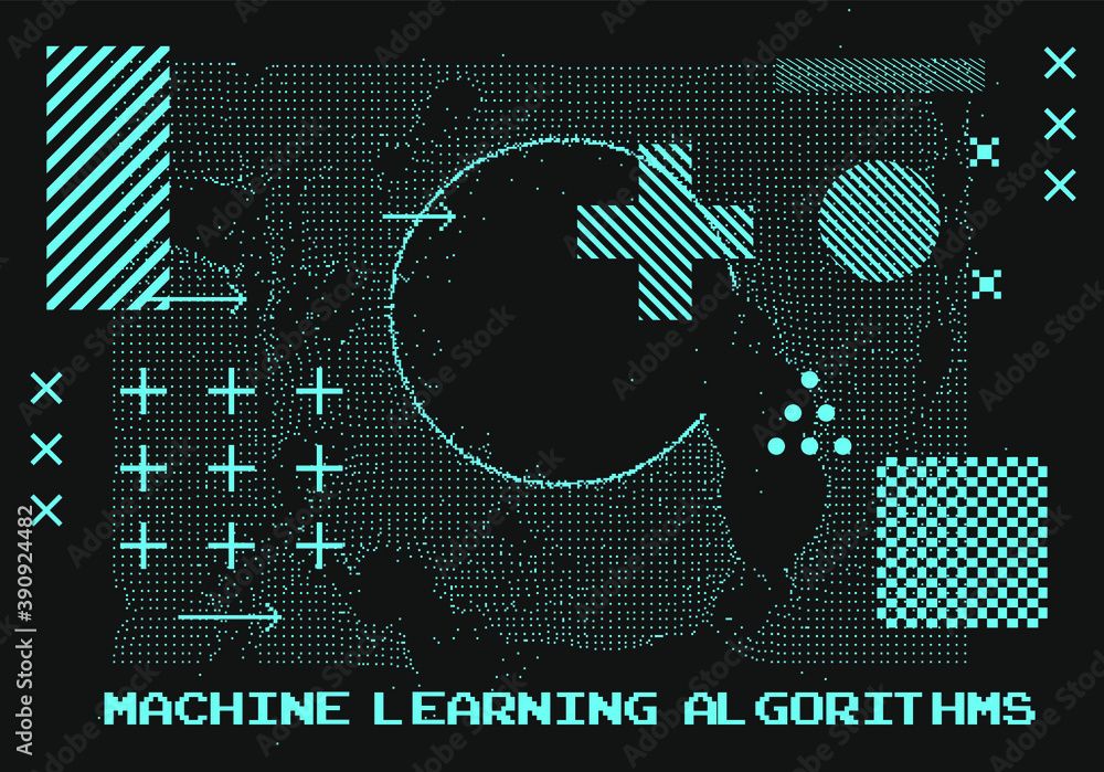 Aufkleber Big data and machine learning visualization. Network connection structure made of array of dots and composition of geometric shapes.