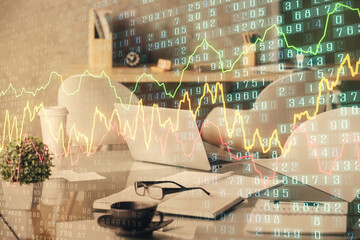 Double exposure of stock market graph drawing and office interior background. Concept of financial analysis.