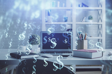 Double exposure of financial graph drawing and office interior background. Concept of stock market.
