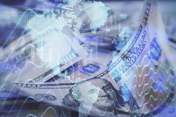 Double exposure of forex graph drawing over us dollars bill background. Concept of financial markets.