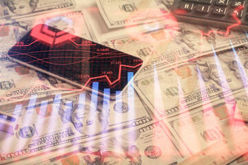 Double exposure of forex graph drawing over us dollars bill background. Concept of financial markets.
