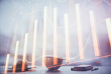 Double exposure of forex chart over coffee cup background in office. Concept of financial analysis and success.