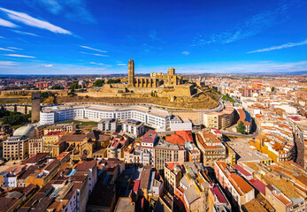 Aerial view of a Gothic-Romanesque cathedral in Lleida in Spain's northeastern Catalonia region
