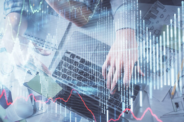 Double exposure of man and woman working together and forex graph hologram drawing. Financial analysis concept. Computer background. Top View.