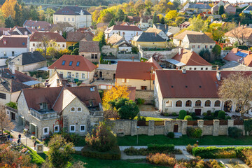 Cityscape city centre of Veszprém from above with many houses
