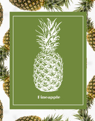 Pineapple illustration with real pineapples in background