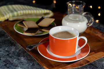 picture of delicious coffee and cookies breakfast on the kitchen