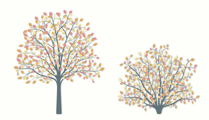 Autumn tree and shrub with red and yellow leaves on a light background