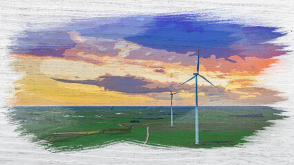 Wind turbine on green field in summer, watercolor painting © shaiith