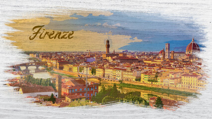 Fototapeta na wymiar Panorama of Florence at sunset, Italy, watercolor painting