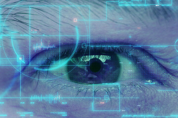 Biometrics concept. Facial Recognition System. Face Recognition. Iris recognition. Cyber eye. Smart Lens.