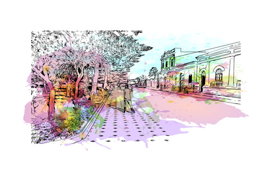 Building view with landmark of Chiclayo is the capital city of northwest Peru. Watercolor splash with hand drawn sketch illustration in vector.