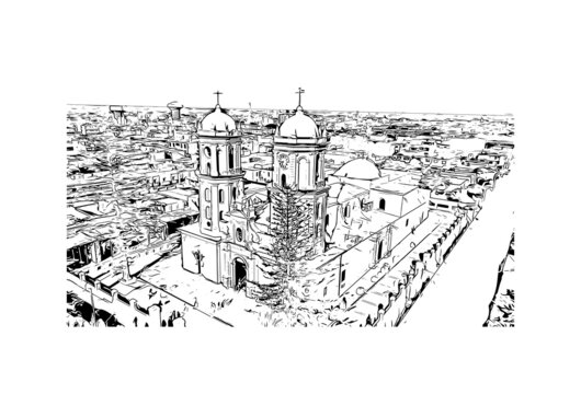 Building view with landmark of Chiclayo is the capital city of northwest Peru. Hand drawn sketch illustration in vector.