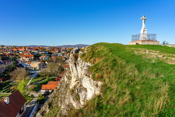 Fototapeta na wymiar White cross statue on the hill in Veszprém Hungary