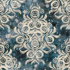 Chic formal grungy damask texture seamless pattern. High quality illustration. Ornate flourish baroque design in a trendy posh exotic style. Grainy fabric texture overlay.