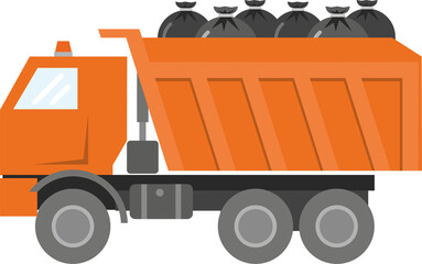 The big orange truck is loaded with black garbage bags. Kamaz with rubbish isolated on white background. The problem of ecology and waste, collection and disposal of waste. Flat infographics. Vector 